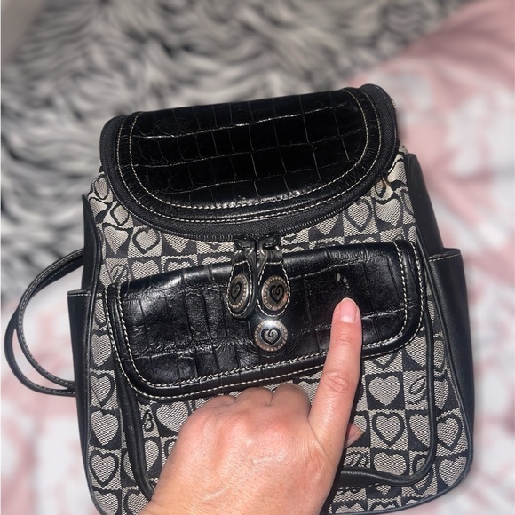 BRIGHTON BACKPACK JULIA BLACK CANVAS LEATHER SMALL PACK HEARTS WOMENS BAG - Picture 4 of 7